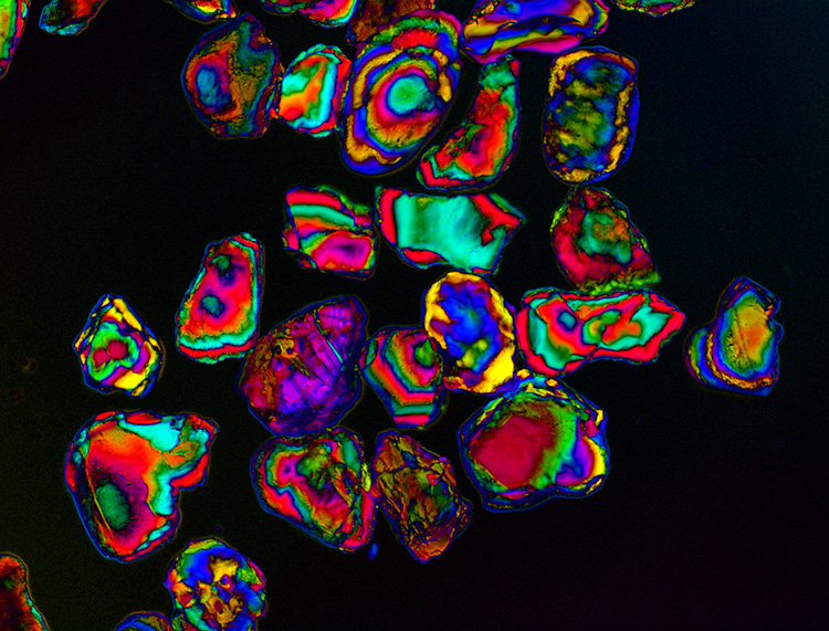 This image shows a number of optical phenomena, starting with a green laser (532-nm Nd:YAG) guided by a multimode silica optical fiber to a vial containing an organic dye